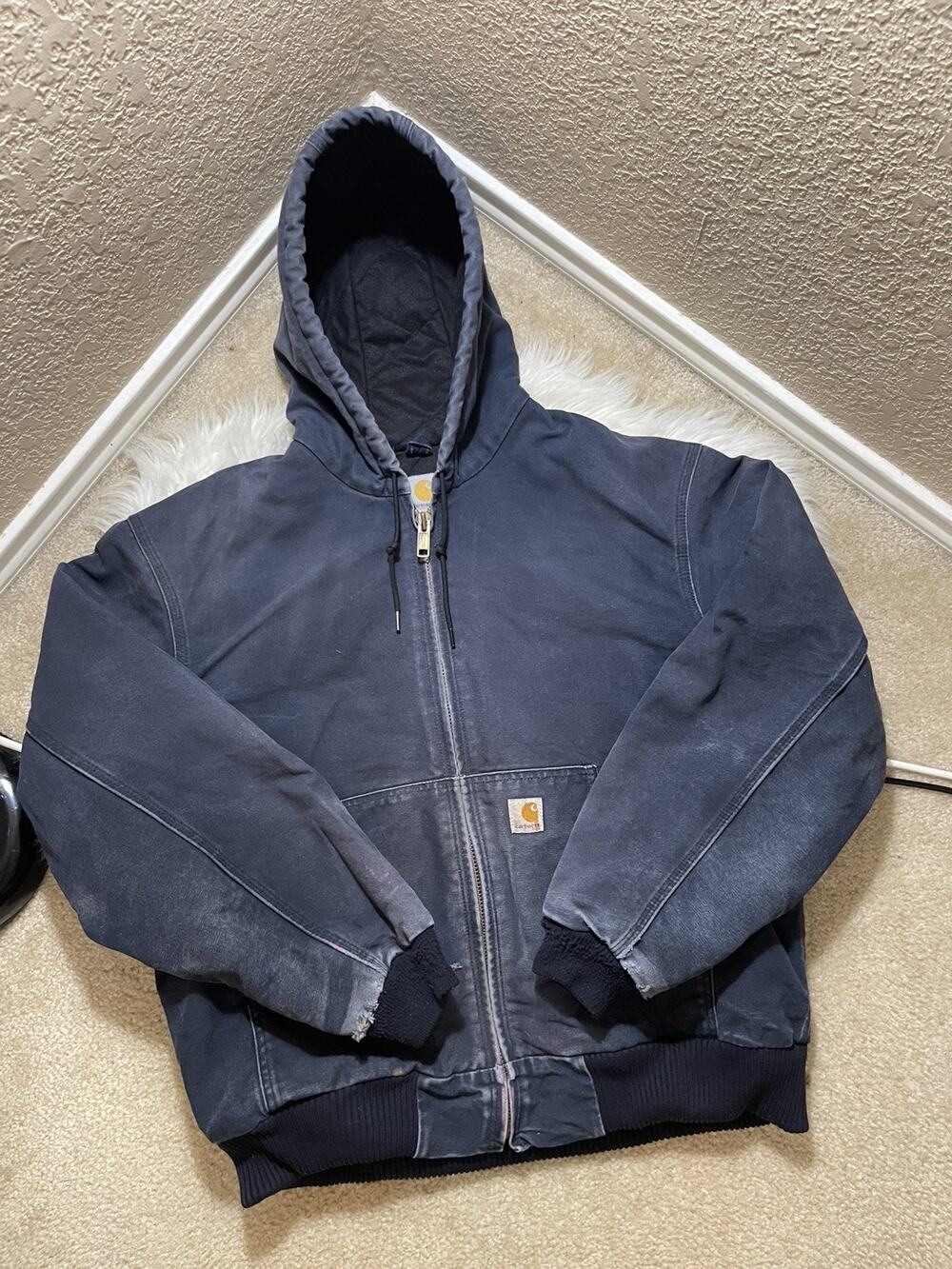 Vintage Carhartt Jacket Hooded J140 Blue Distressed Size L/XL